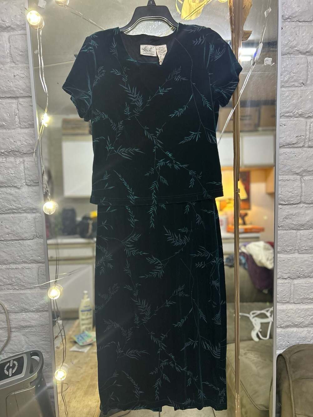Vintage Kathie Lee Collection Teal Green Velvet Leaf Pattern Maxi Dress Size Med